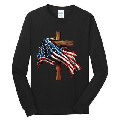 American Flag And Christian Cross Patriotic 4th Of July Tall Long Sleeve T-Shirt