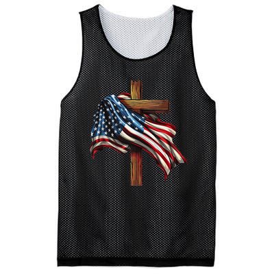 American Flag And Christian Cross Patriotic 4th Of July Mesh Reversible Basketball Jersey Tank