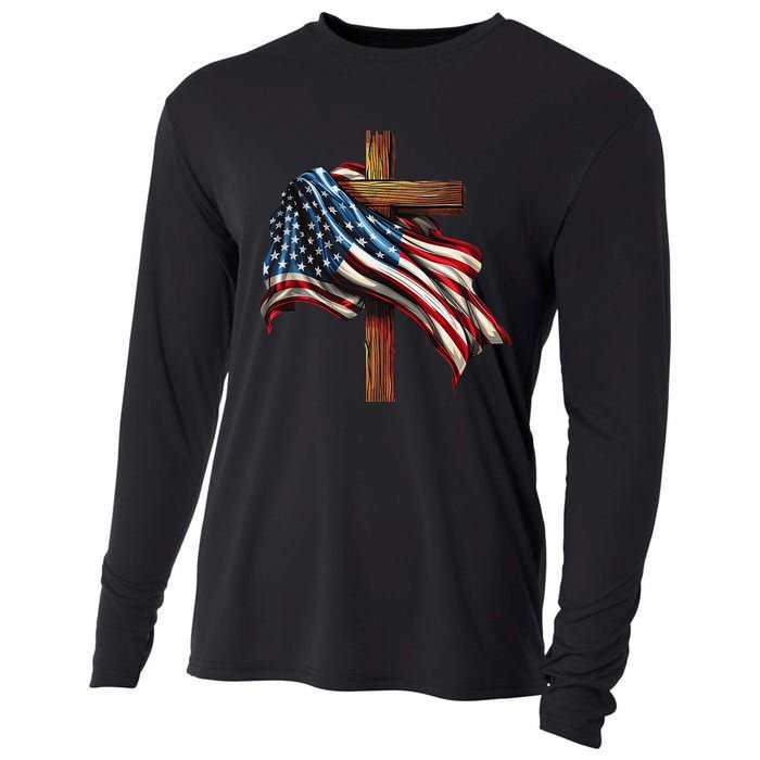 American Flag And Christian Cross Patriotic 4th Of July Cooling Performance Long Sleeve Crew