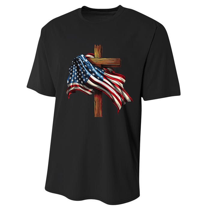 American Flag And Christian Cross Patriotic 4th Of July Performance Sprint T-Shirt