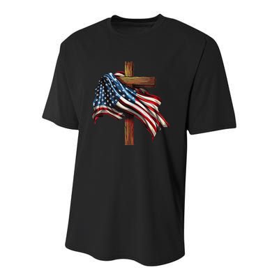 American Flag And Christian Cross Patriotic 4th Of July Youth Performance Sprint T-Shirt