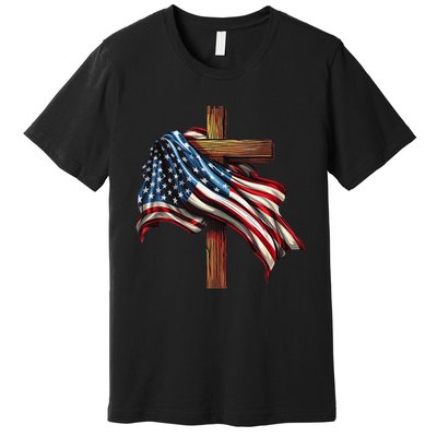 American Flag And Christian Cross Patriotic 4th Of July Premium T-Shirt