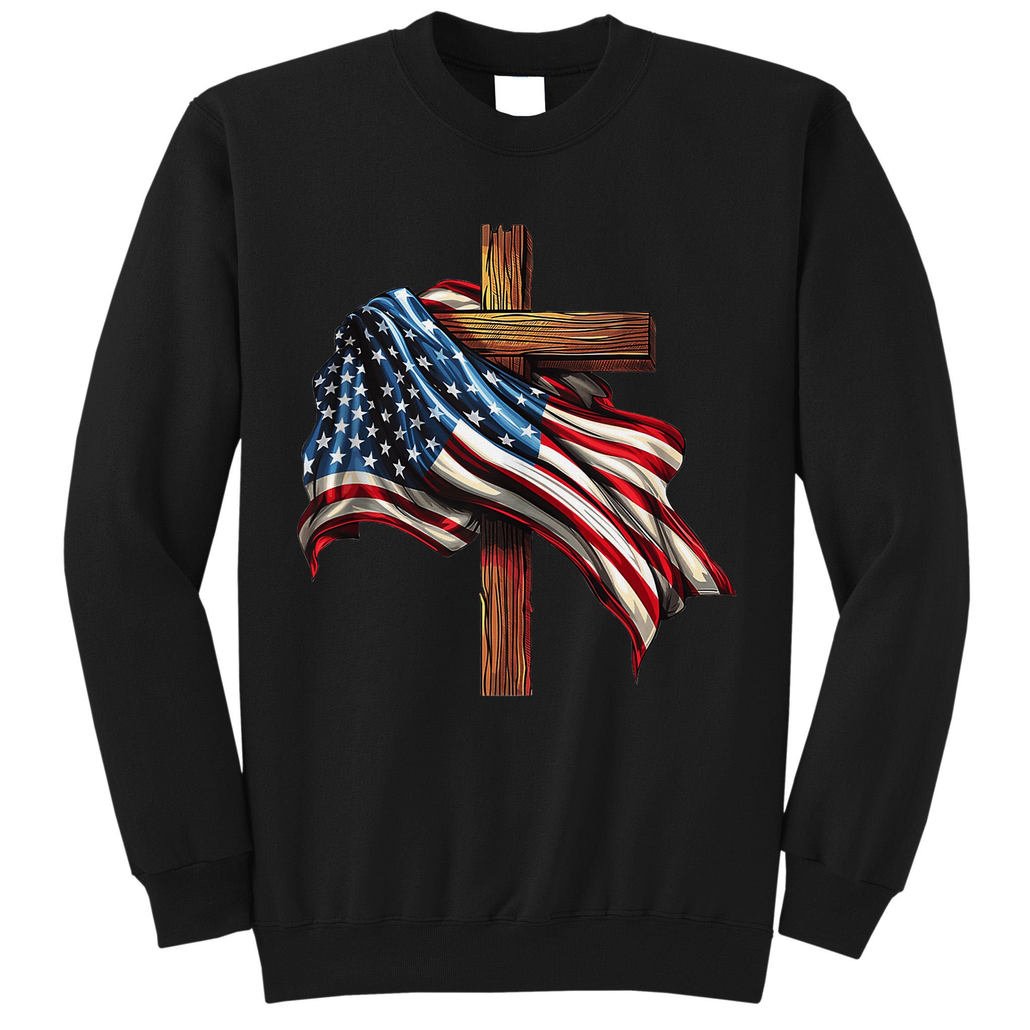 American Flag And Christian Cross Patriotic 4th Of July Tall Sweatshirt