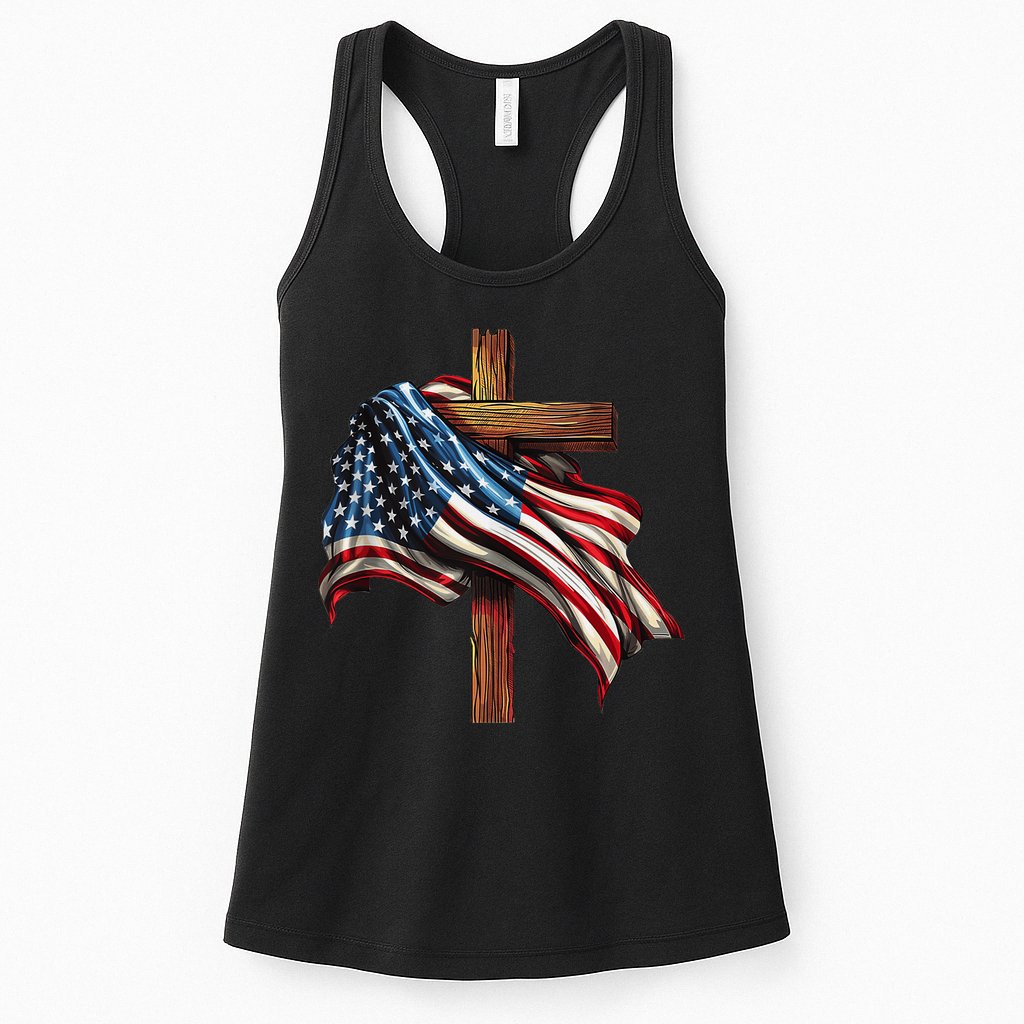 American Flag And Christian Cross Patriotic 4th Of July Womens Tank Top