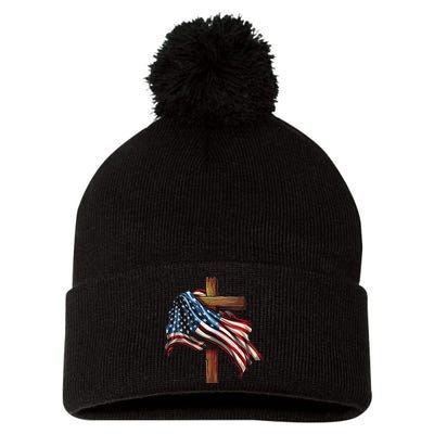 American Flag And Christian Cross Patriotic 4th Of July Pom Pom 12in Knit Beanie