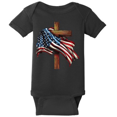 American Flag And Christian Cross Patriotic 4th Of July Baby Bodysuit