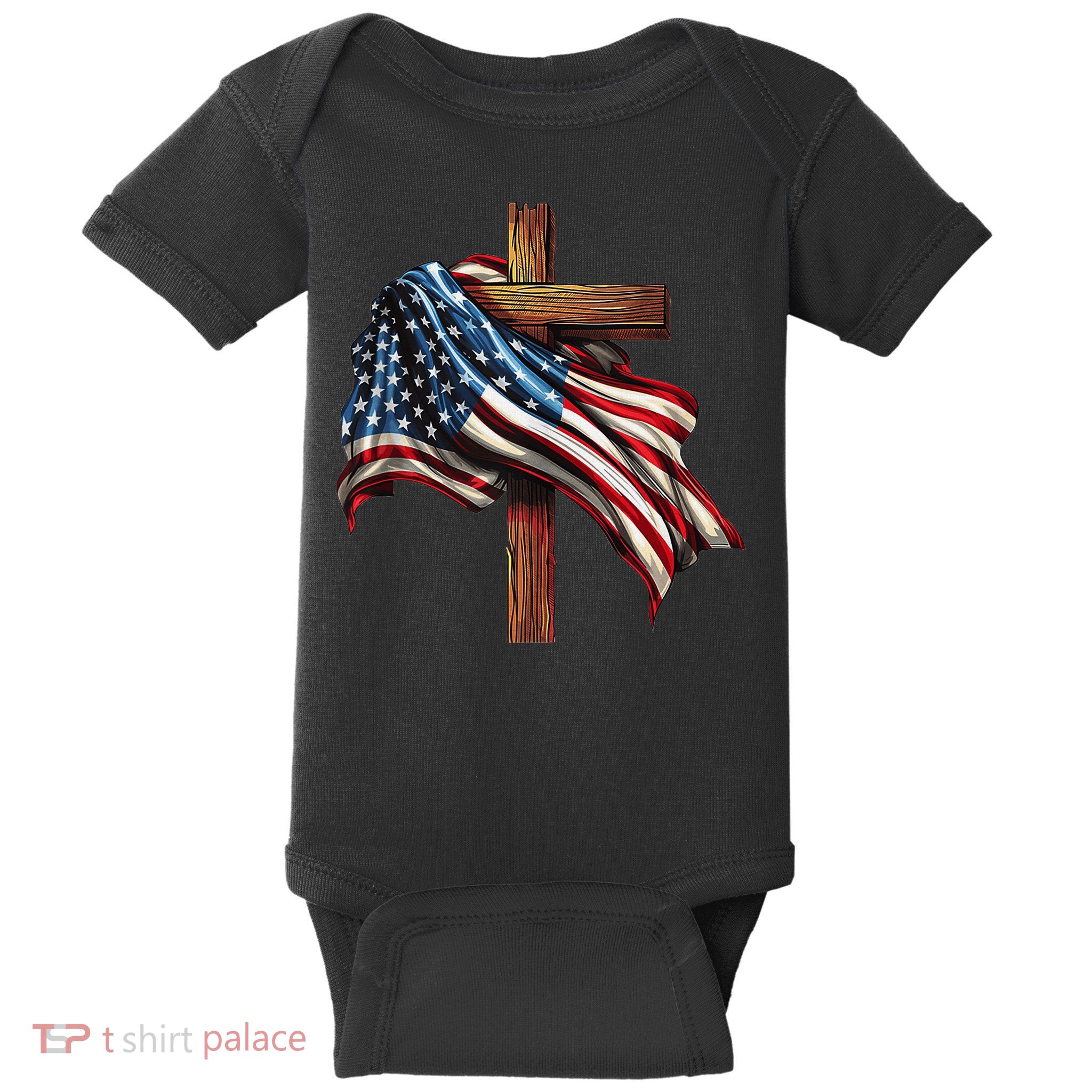 American Flag And Christian Cross Patriotic 4th Of July Baby Bodysuit