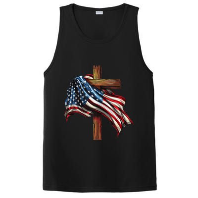 American Flag And Christian Cross Patriotic 4th Of July PosiCharge Competitor Tank