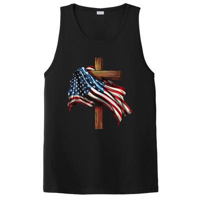 American Flag And Christian Cross Patriotic 4th Of July PosiCharge Competitor Tank