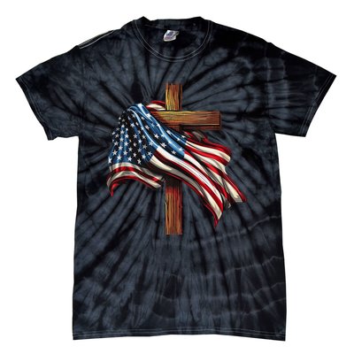 American Flag And Christian Cross Patriotic 4th Of July Tie-Dye T-Shirt