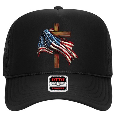 American Flag And Christian Cross Patriotic 4th Of July Trucker Hat