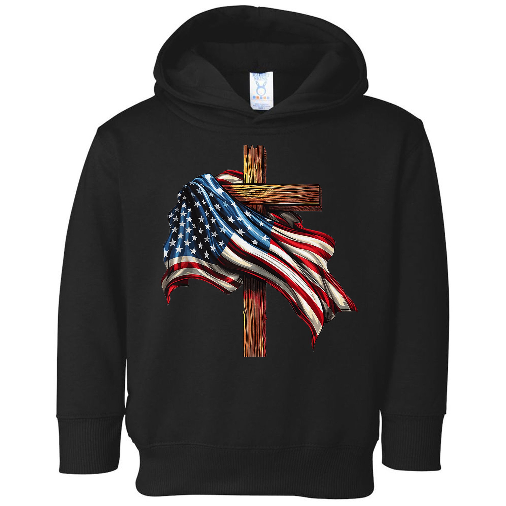 American Flag And Christian Cross Patriotic 4th Of July Toddler Hoodie