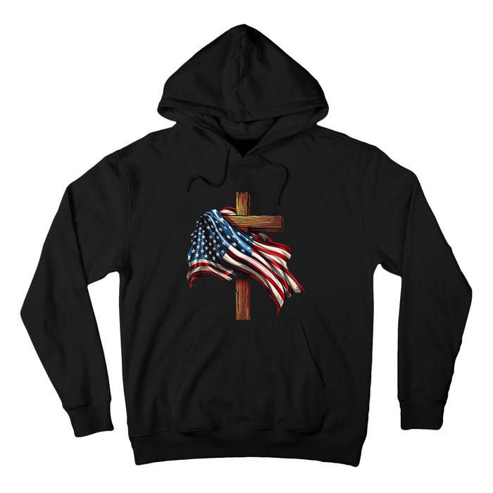 American Flag And Christian Cross Patriotic 4th Of July Tall Hoodie