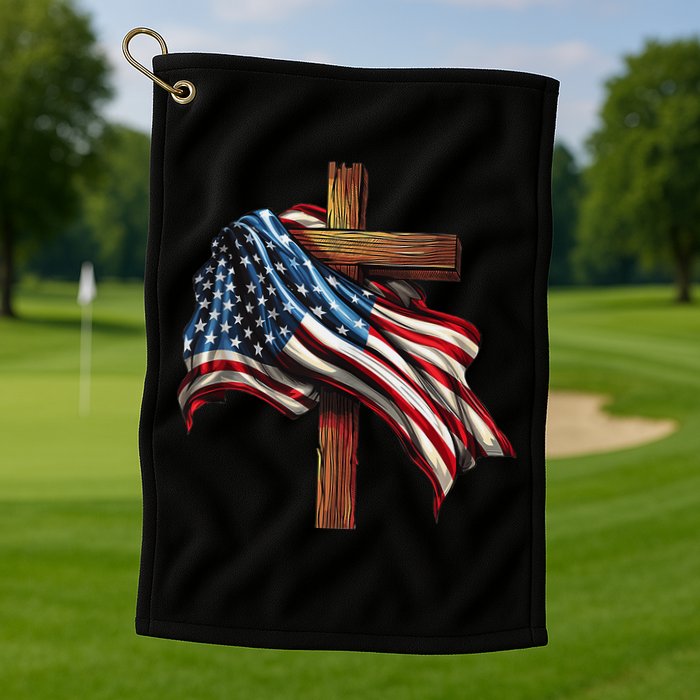 American Flag And Christian Cross Patriotic 4th Of July Golf Towel