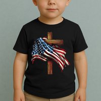 American Flag And Christian Cross Patriotic 4th Of July Toddler T-Shirt