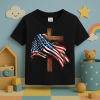 American Flag And Christian Cross Patriotic 4th Of July Toddler T-Shirt