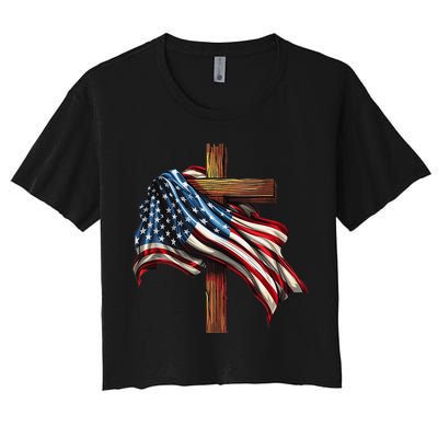 American Flag And Christian Cross Patriotic 4th Of July Crop Top