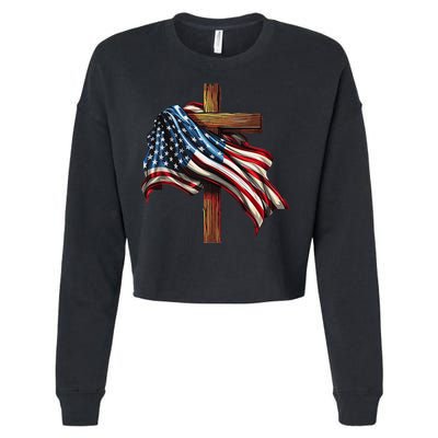 American Flag And Christian Cross Patriotic 4th Of July Cropped Pullover Crew