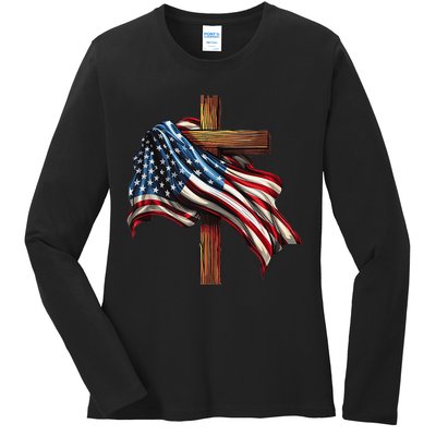 American Flag And Christian Cross Patriotic 4th Of July Ladies Long Sleeve Shirt