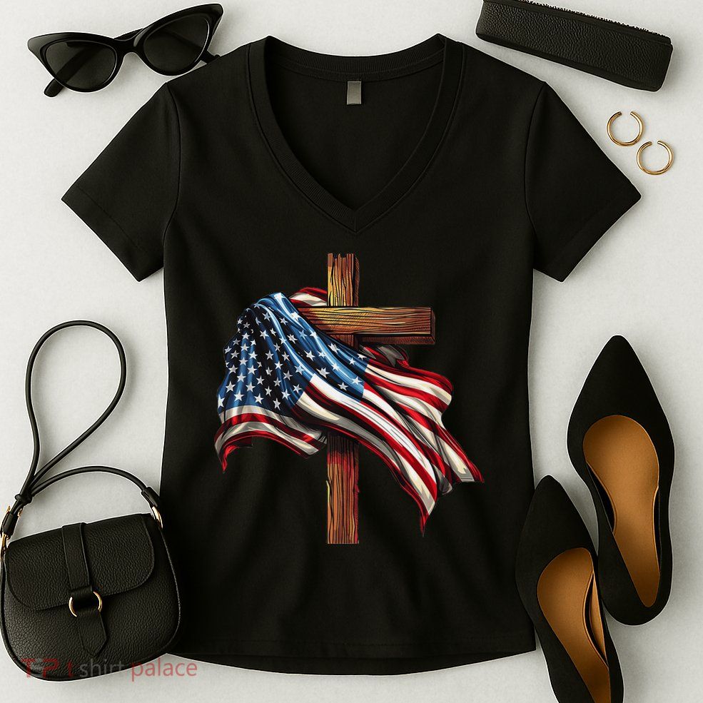 American Flag And Christian Cross Patriotic 4th Of July Women's V-Neck T-Shirt