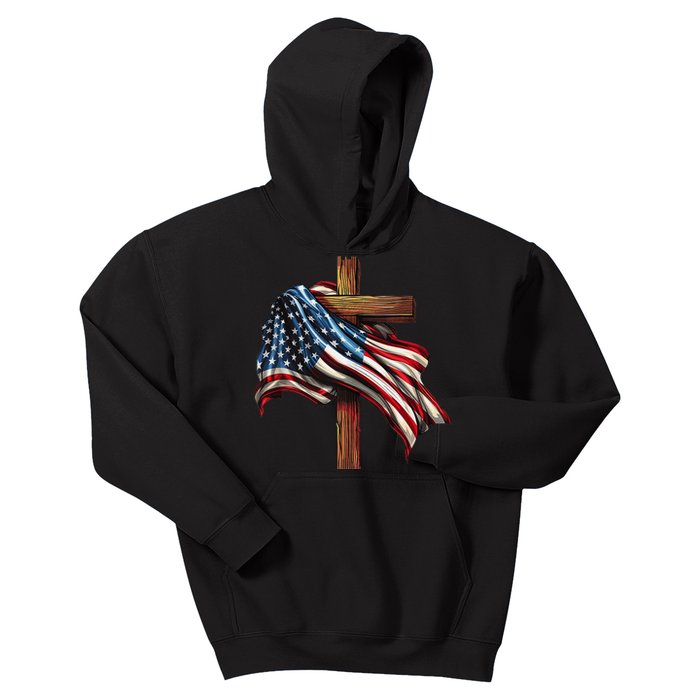 American Flag And Christian Cross Patriotic 4th Of July Kids Hoodie