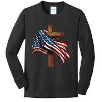 American Flag And Christian Cross Patriotic 4th Of July Kids Long Sleeve Shirt