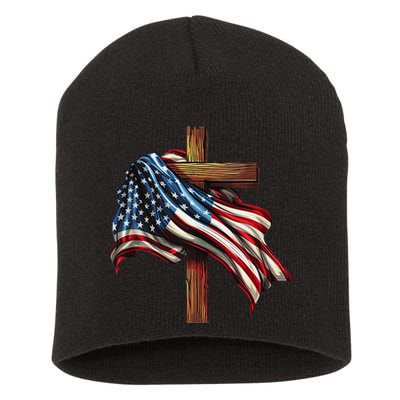 American Flag And Christian Cross Patriotic 4th Of July Short Acrylic Beanie
