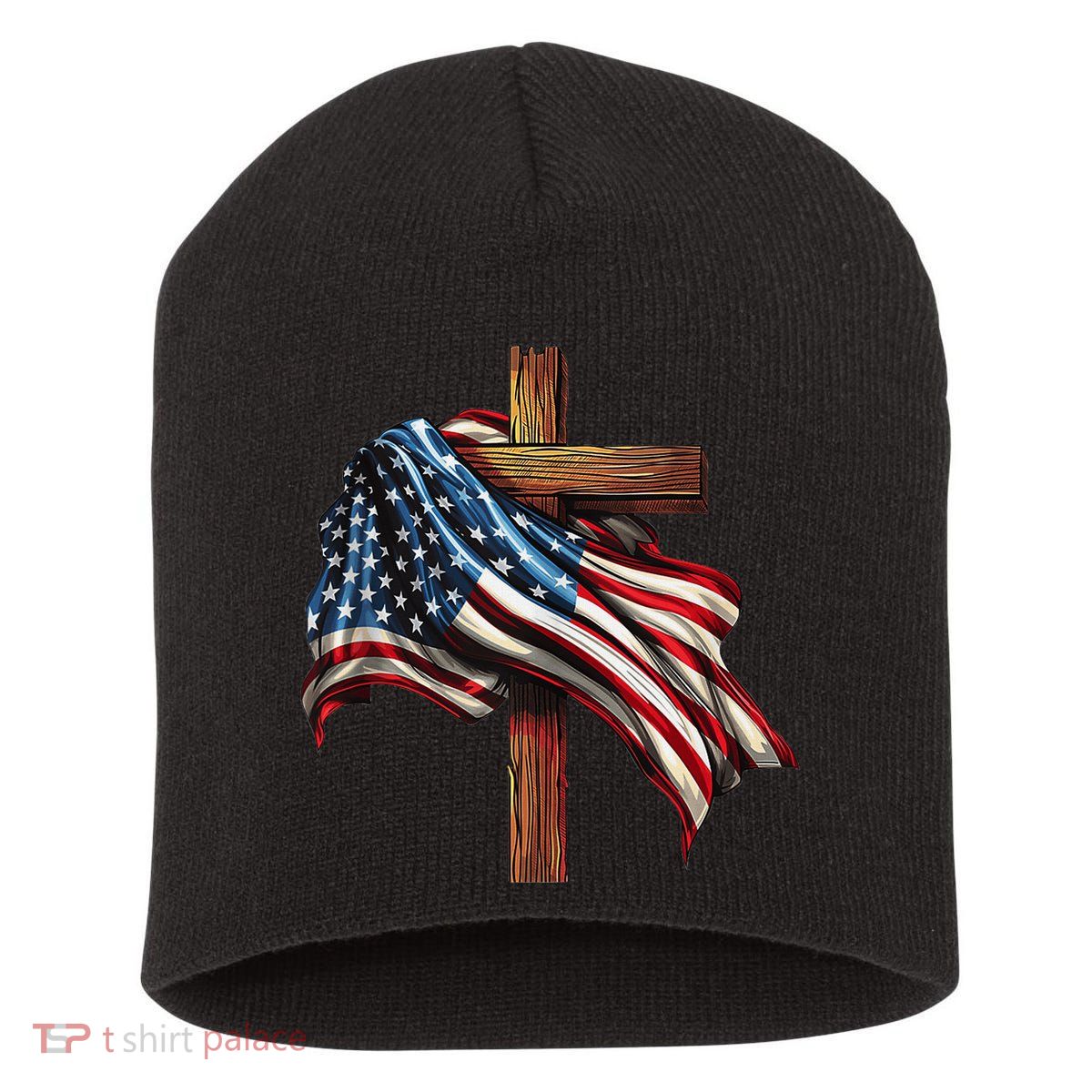 American Flag And Christian Cross Patriotic 4th Of July Short Acrylic Beanie
