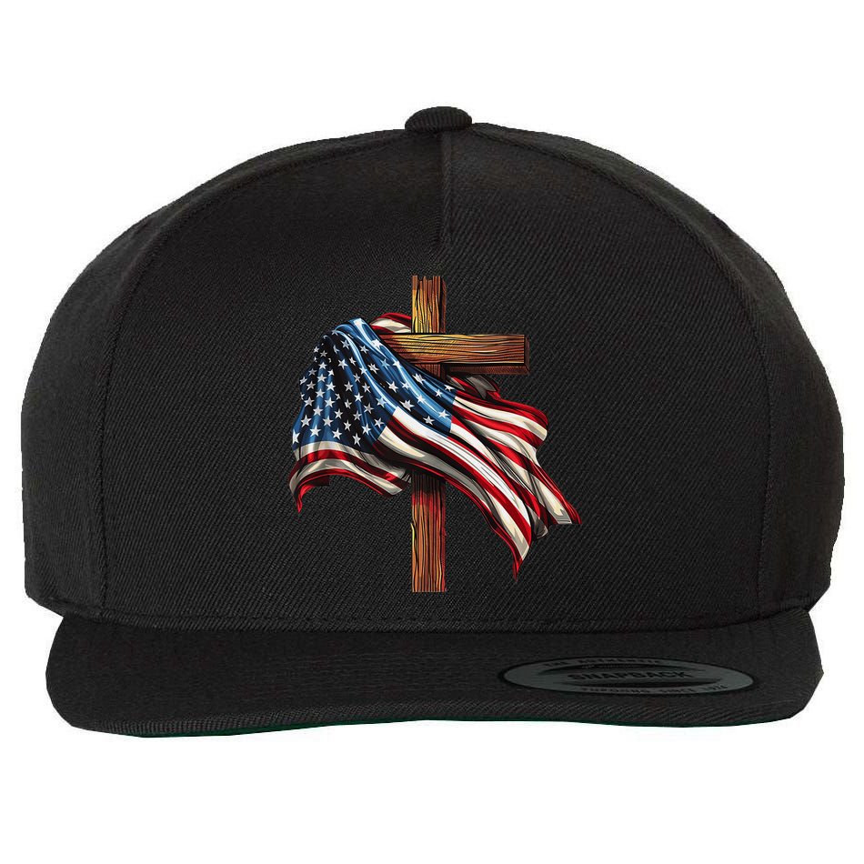 American Flag And Christian Cross Patriotic 4th Of July Wool Snapback Cap