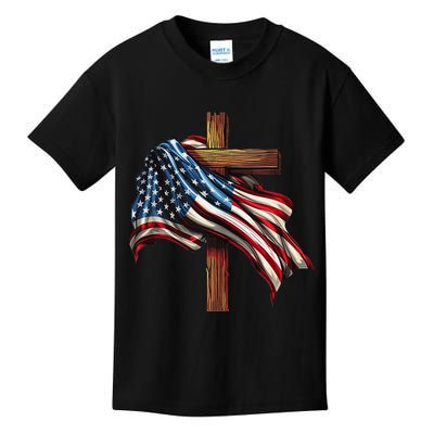 American Flag And Christian Cross Patriotic 4th Of July Kids T-Shirt