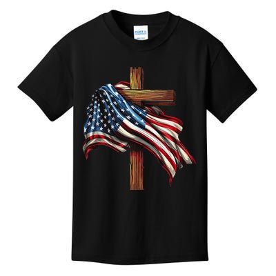 American Flag And Christian Cross Patriotic 4th Of July Kids T-Shirt