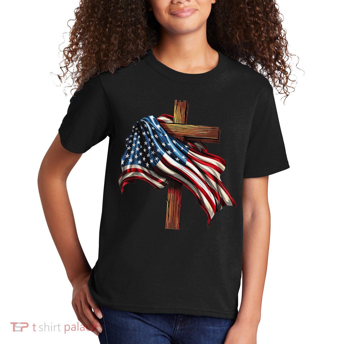American Flag And Christian Cross Patriotic 4th Of July Kids T-Shirt