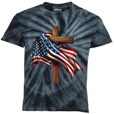 American Flag And Christian Cross Patriotic 4th Of July Kids Tie-Dye T-Shirt