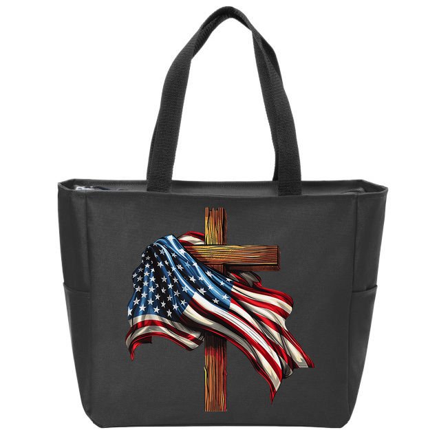 American Flag And Christian Cross Patriotic 4th Of July Zip Tote Bag
