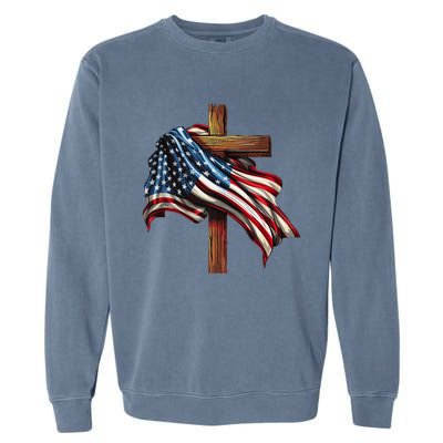 American Flag And Christian Cross Patriotic 4th Of July Garment-Dyed Sweatshirt