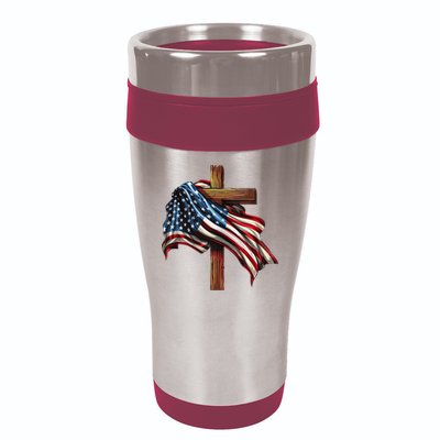 American Flag And Christian Cross Patriotic 4th Of July 16oz Travel Tumbler