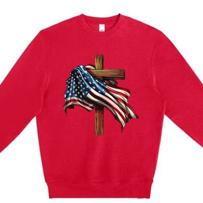 American Flag And Christian Cross Patriotic 4th Of July Premium Crewneck Sweatshirt