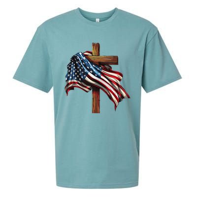 American Flag And Christian Cross Patriotic 4th Of July Sueded Cloud Jersey T-Shirt