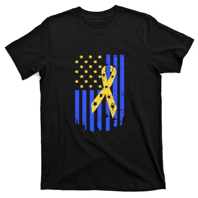 American Flag And Ribbon For Trisomy 21 Down Syndrome Ribbon Gift T-Shirt