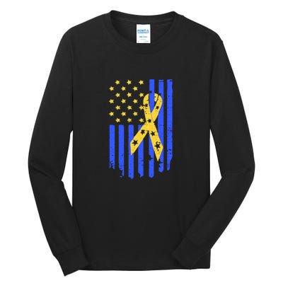 American Flag And Ribbon For Trisomy 21 Down Syndrome Ribbon Gift Tall Long Sleeve T-Shirt