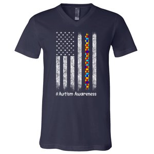 American Flag Autism Awareness Gift V-Neck T-Shirt