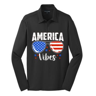 American Flag America Vibes 4th Of July Gift Silk Touch Performance Long Sleeve Polo