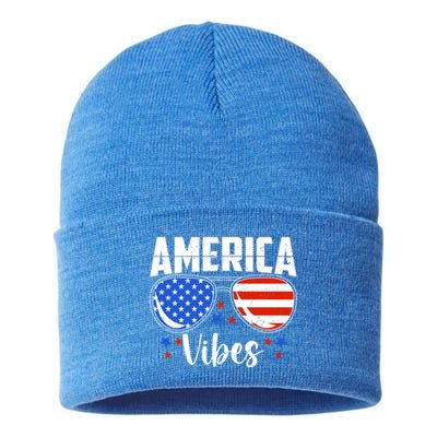 American Flag America Vibes 4th Of July Gift Sustainable Knit Beanie