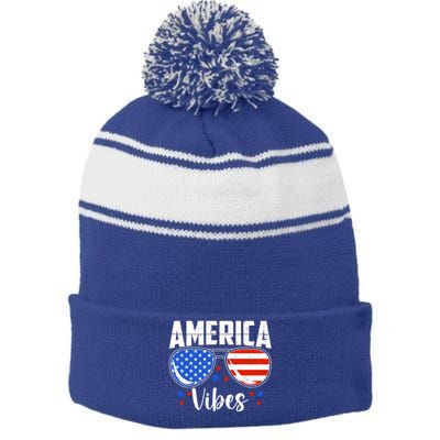 American Flag America Vibes 4th Of July Gift Stripe Pom Pom Beanie