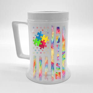 American Flag Autism Dad Mom Autism Awareness Puzzle Flag Gift Beer Stein