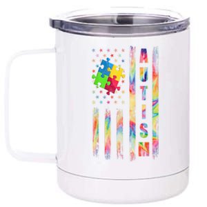 American Flag Autism Dad Mom Autism Awareness Puzzle Flag Gift 12 oz Stainless Steel Tumbler Cup