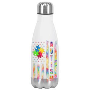 American Flag Autism Dad Mom Autism Awareness Puzzle Flag Gift Stainless Steel Insulated Water Bottle