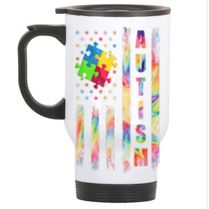 American Flag Autism Dad Mom Autism Awareness Puzzle Flag Gift Stainless Steel Travel Mug