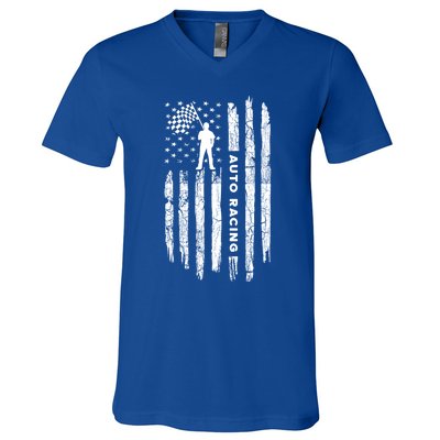 American Flag Auto Racing Clothing Gift Vintage Auto Racing Cute Gift V-Neck T-Shirt