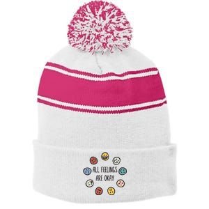 All Feelings Are Okay Tal Health Awareness Month Emotion Stripe Pom Pom Beanie